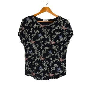 CAVIAR Black Butterfly Floral Print Blouse Stretchy Scoop Neck Short Sleeve